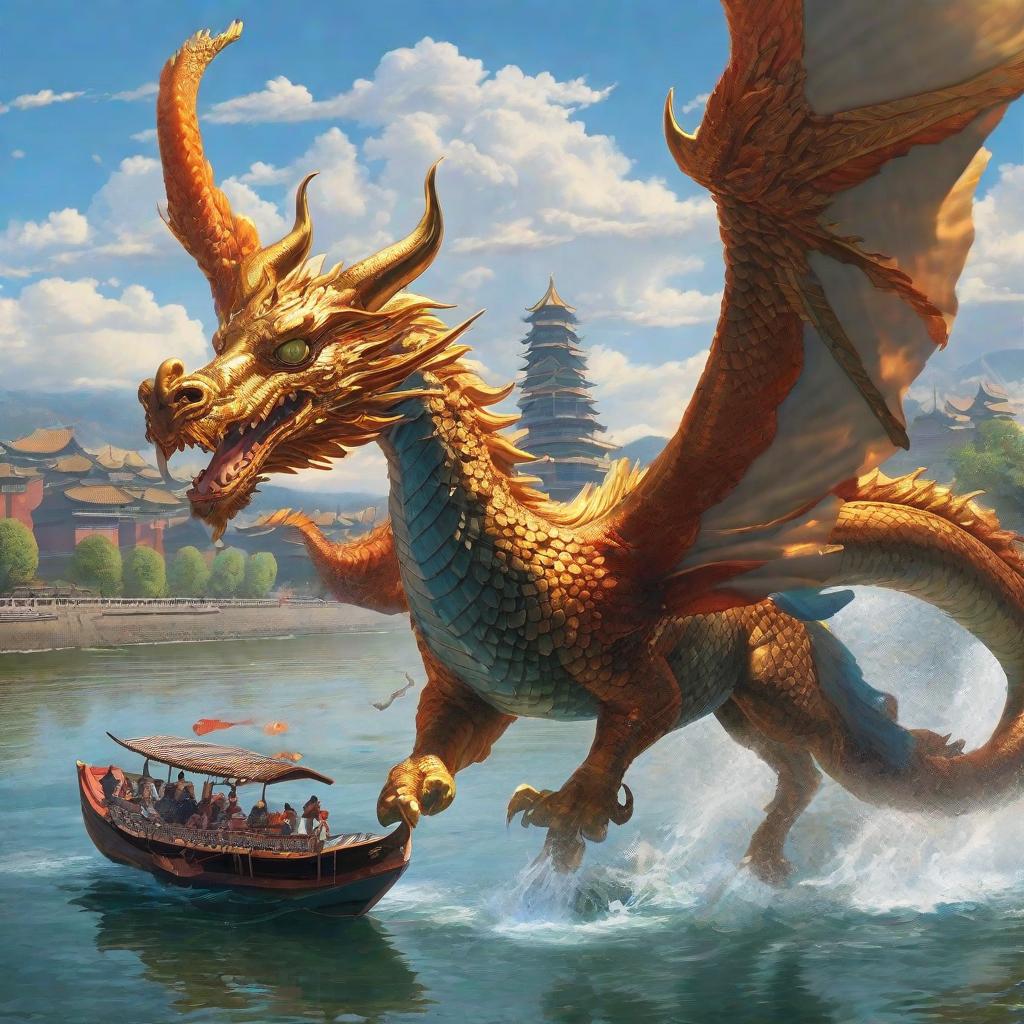  Master piece, best quality, HD, Pegasus, Fatty, Eye of Tianjin, eating on Haihe River. A dragon swimming in the water.