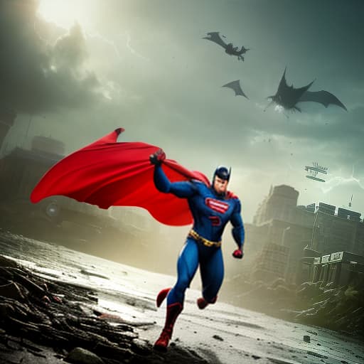 redshift style Evil superman fighting evil batman hyperrealistic, full body, detailed clothing, highly detailed, cinematic lighting, stunningly beautiful, intricate, sharp focus, f/1. 8, 85mm, (centered image composition), (professionally color graded), ((bright soft diffused light)), volumetric fog, trending on instagram, trending on tumblr, HDR 4K, 8K