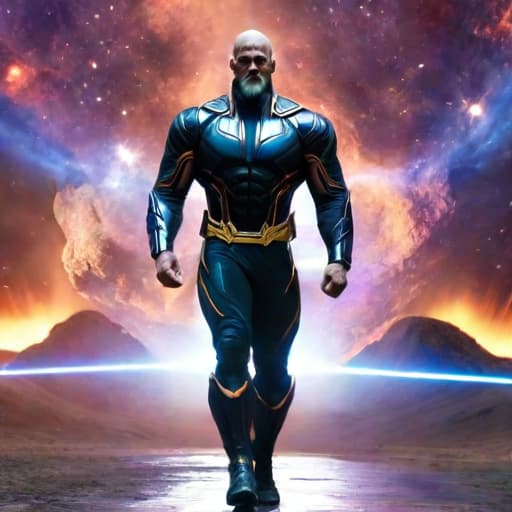  man, male focus, stunning angry Thanos, bald, purple cape, nebula space background, volumetric light, upper body, muscle, muscular, fantasy, dynamic angle, dynamic pose hyperrealistic, full body, detailed clothing, highly detailed, cinematic lighting, stunningly beautiful, intricate, sharp focus, f/1. 8, 85mm, (centered image composition), (professionally color graded), ((bright soft diffused light)), volumetric fog, trending on instagram, trending on tumblr, HDR 4K, 8K