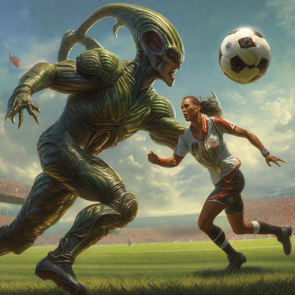  Aliens jugando soccer, realistic fantasy d & d character, closeup portrait art by donato giancola and greg rutkowski, realistic face, digital art, trending on artstation hyperrealistic, full body, detailed clothing, highly detailed, cinematic lighting, stunningly beautiful, intricate, sharp focus, f/1. 8, 85mm, (centered image composition), (professionally color graded), ((bright soft diffused light)), volumetric fog, trending on instagram, trending on tumblr, HDR 4K, 8K