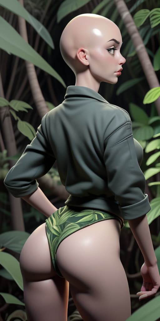  -bald-girl-in the jungle, takes off her pants, without panties, with her back turned