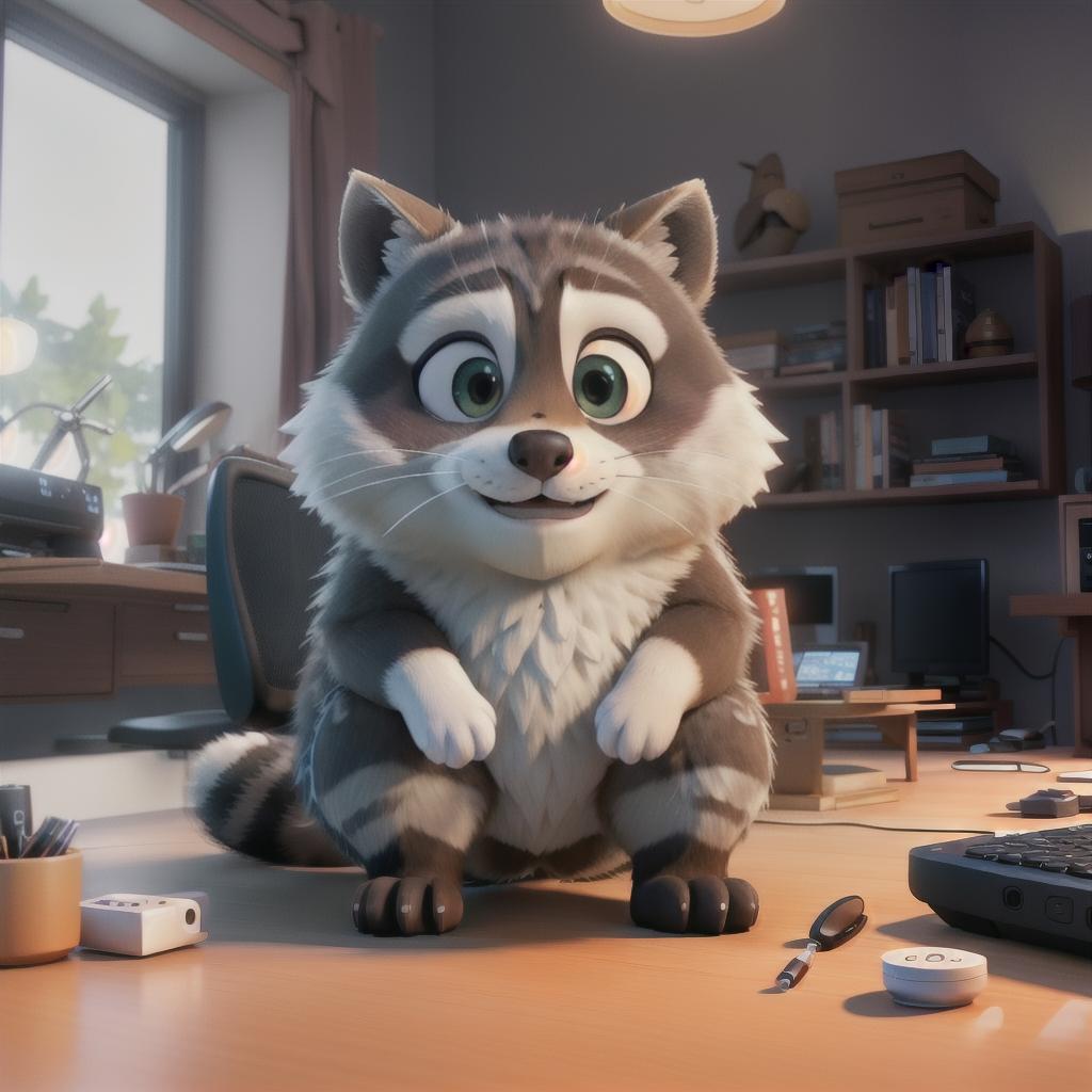  raccoon sitting in gaming chair front a computer on desktop, ((semi anthropomorphic)),(full body), tail, belly, sitting, fat, (chubby), (((white background))), solo, desktop, gaming chair, side view,  [[[clothes]]] hyperrealistic, full body, detailed clothing, highly detailed, cinematic lighting, stunningly beautiful, intricate, sharp focus, f/1. 8, 85mm, (centered image composition), (professionally color graded), ((bright soft diffused light)), volumetric fog, trending on instagram, trending on tumblr, HDR 4K, 8K