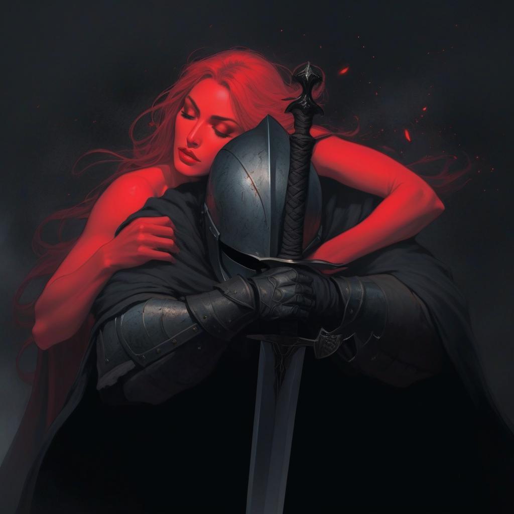  Create an image in a fantasy style, depicting the following scene: 1. Central characters: A warrior in dark armor with a closed helmet. A woman with long flowing hair that glows red light embraces the warrior from behind. 2. Details of the warrior: Dark, heavy armor with visible signs of battle and damage. The warrior holds a large sword, resting against it as if he were taking a break or deep in thought. A black cloak or cape covers the warrior, adding drama and mystery. 3. Details of the woman: The woman emits a soft red light, her skin and hair appear ethereal, almost ghostly. Her eyes are closed, her face has a calm and serene expression. 4. Background and setting: Dark, mysterious background, hyperrealistic, full body, detailed clothing, highly detailed, cinematic lighting, stunningly beautiful, intricate, sharp focus, f/1. 8, 85mm, (centered image composition), (professionally color graded), ((bright soft diffused light)), volumetric fog, trending on instagram, trending on tumblr, HDR 4K, 8K