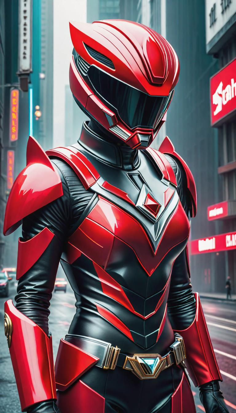  Cyberpunk style depiction of Taylor Swift as a Red Power Ranger helmet on with visor down. The scene is set in a world where technology has advanced, but society and human conditions have not, creating a gritty, dystopian atmosphere. hyperrealistic, full body, detailed clothing, highly detailed, cinematic lighting, stunningly beautiful, intricate, sharp focus, f/1. 8, 85mm, (centered image composition), (professionally color graded), ((bright soft diffused light)), volumetric fog, trending on instagram, trending on tumblr, HDR 4K, 8K