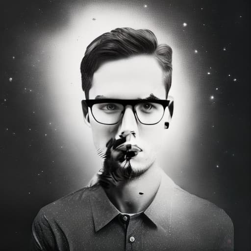dublex style man wearing glasses drawing, half b&w, inside universe