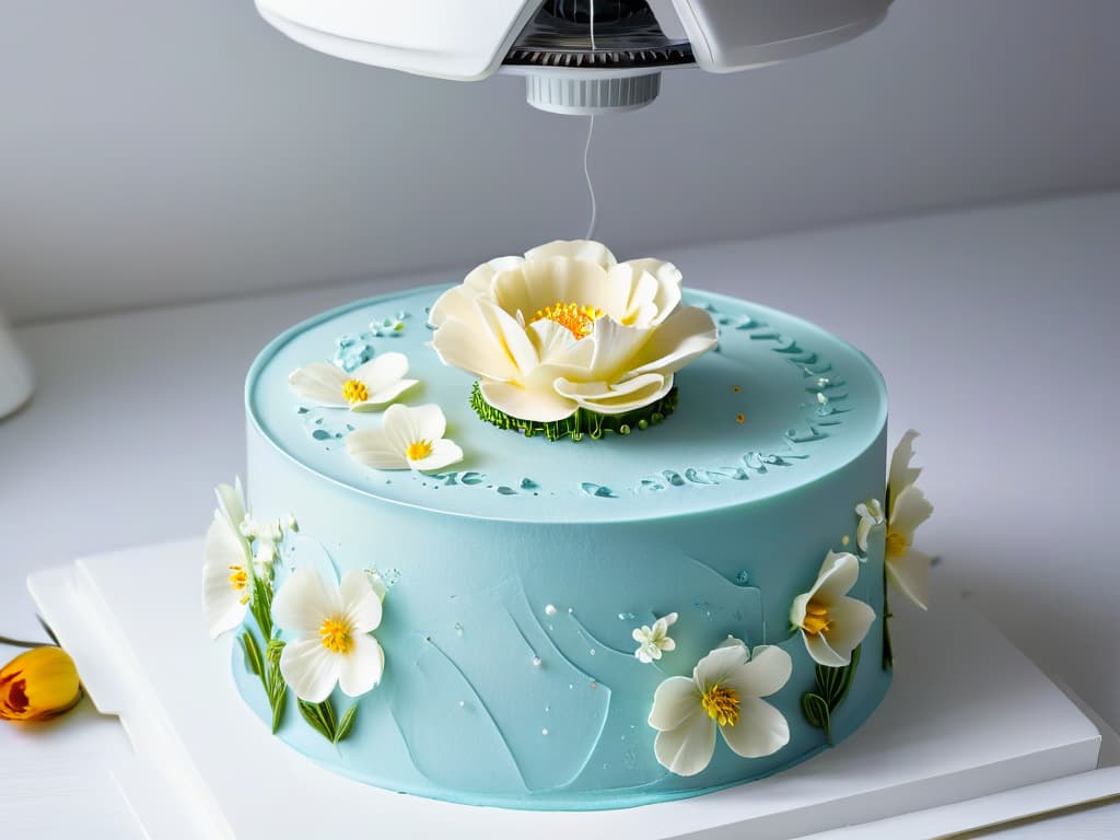  An ultradetailed 8k image of a sleek, futuristic 3D printer meticulously crafting a beautifully intricate vegan cake adorned with delicate edible flowers and ornate designs. The machine's precise movements are highlighted, showcasing the seamless integration of technology and artistry in vegan pastrymaking. The color palette is a harmonious blend of pastel hues, exuding elegance and innovation in the realm of crueltyfree baking. hyperrealistic, full body, detailed clothing, highly detailed, cinematic lighting, stunningly beautiful, intricate, sharp focus, f/1. 8, 85mm, (centered image composition), (professionally color graded), ((bright soft diffused light)), volumetric fog, trending on instagram, trending on tumblr, HDR 4K, 8K