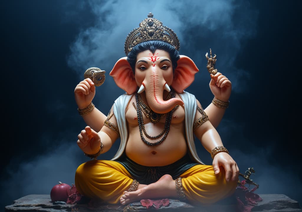  good quality, high quality, this image shows a vibrant depiction of the hindu deity cute ganesha. he is portrayed in a traditional sitting posture, adorned with ornate jewelry and a crown. his body is a soft orange, and his attire includes black and white garments. his multiple arms carry symbols and objects, indicative of his various powers and blessings. the background is dark, creating a dramatic contrast with a smoky blue aura behind the figure, adding to the divine and mystical effect, sharp focus, f/1. 8, 85mm, (centered image composition), (professionally color graded), ((bright soft diffused light)), volumetric fog, trending on instagram, trending on tumblr, hdr 4k, 8k hyperrealistic, full body, detailed clothing, highly detailed, c