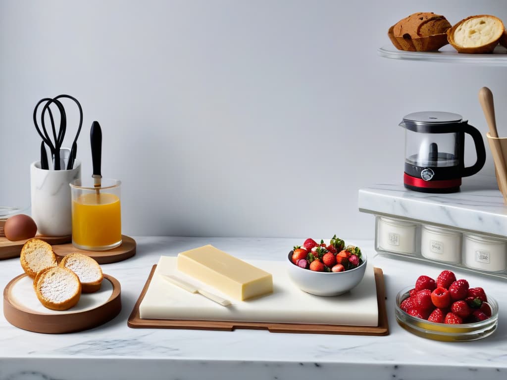  A minimalist, ultradetailed image of a pristine white marble countertop in a professional kitchen, with an array of meticulously arranged baking tools and ingredients such as a whisk, measuring cups, vanilla pods, fresh berries, and a stack of recipe books including "El arte de la repostería". The lighting is soft and natural, casting gentle shadows that highlight the textures of the items on the counter, creating a serene and inviting atmosphere for culinary exploration. hyperrealistic, full body, detailed clothing, highly detailed, cinematic lighting, stunningly beautiful, intricate, sharp focus, f/1. 8, 85mm, (centered image composition), (professionally color graded), ((bright soft diffused light)), volumetric fog, trending on instagram, trending on tumblr, HDR 4K, 8K