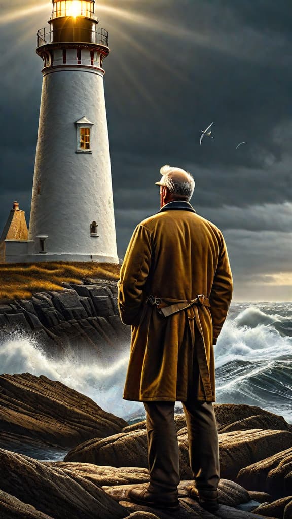  (A seasoned lighthouse keeper standing on the rocky shoreline, his weathered face illuminated by the golden beam of the lighthouse as he gazes out across the turbulent, stormy sea, a worn and aged map clutched in his hand, with a small sailboat visible in the distance against the crashing waves.) hyperrealistic, full body, detailed clothing, highly detailed, cinematic lighting, stunningly beautiful, intricate, sharp focus, f/1. 8, 85mm, (centered image composition), (professionally color graded), ((bright soft diffused light)), volumetric fog, trending on instagram, trending on tumblr, HDR 4K, 8K