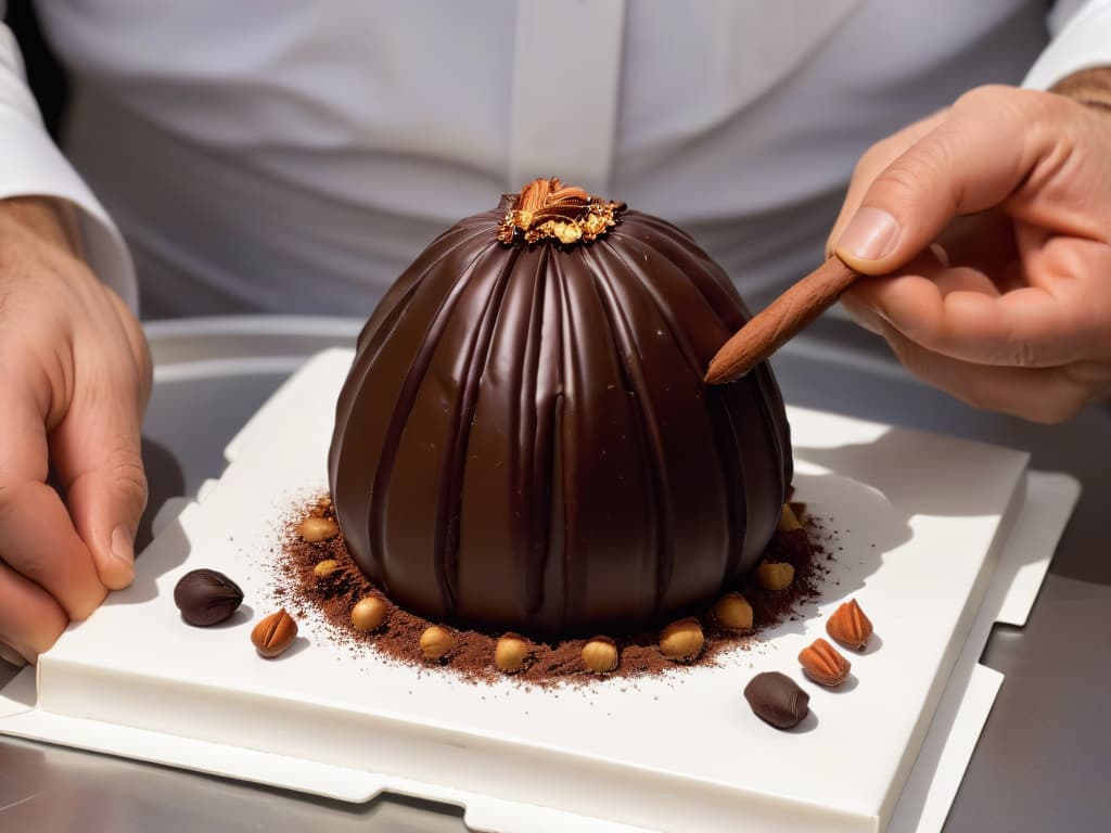  A closeup, ultradetailed image of a delicate chocolate figure being meticulously crafted by a skilled chocolatier's hands. The figure is a miniature sculpture of a cacao pod, with intricate details like textured ridges and tiny cacao beans. The hands, covered in cocoa powder, are expertly shaping and refining the figure, showcasing the artistry and precision required in chocolate sculpting. The background is softly blurred, emphasizing the fine craftsmanship and dedication involved in creating chocolate art. hyperrealistic, full body, detailed clothing, highly detailed, cinematic lighting, stunningly beautiful, intricate, sharp focus, f/1. 8, 85mm, (centered image composition), (professionally color graded), ((bright soft diffused light)), volumetric fog, trending on instagram, trending on tumblr, HDR 4K, 8K