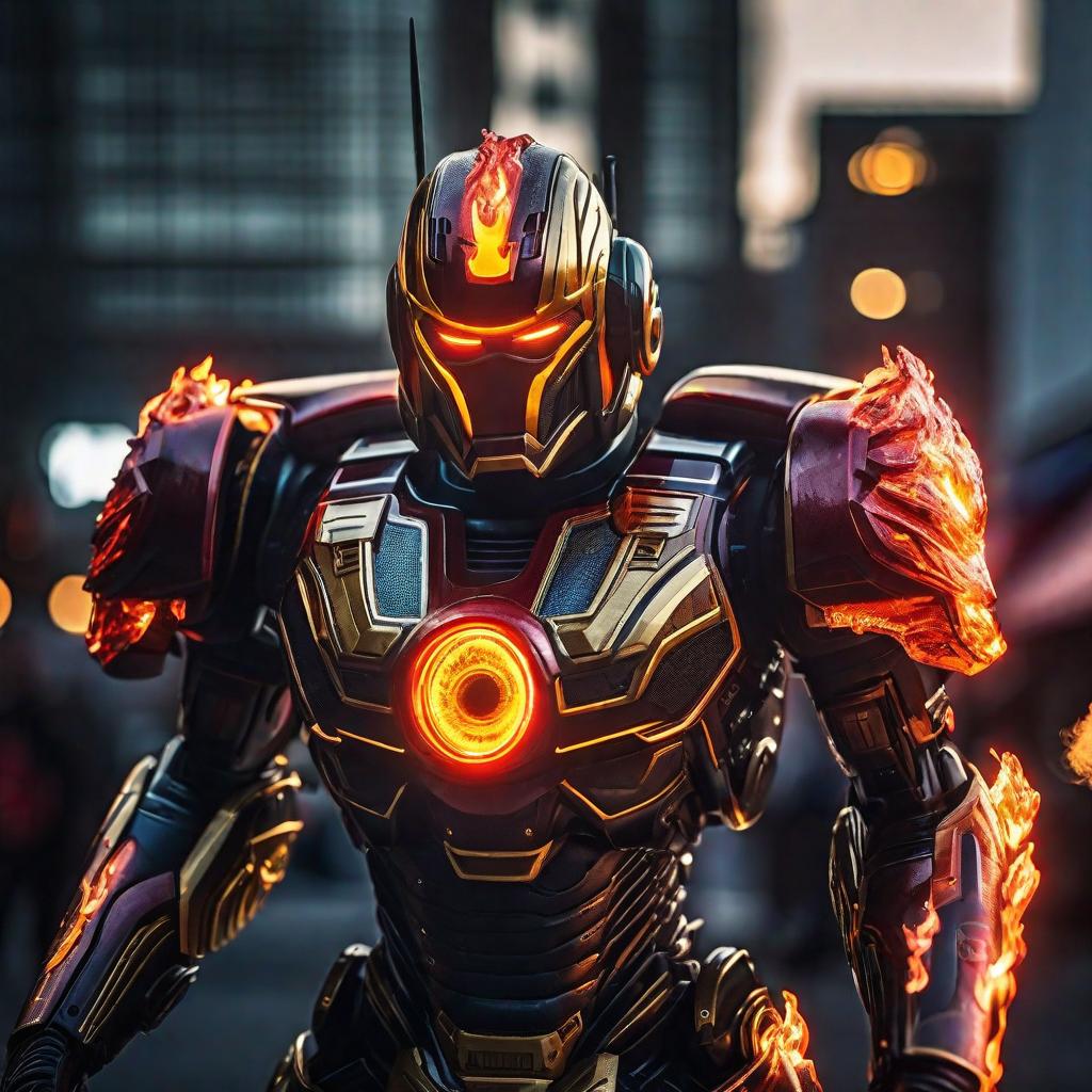  extreme sentinelbot face smiling with fire and lightning hyperrealistic, full body, detailed clothing, highly detailed, cinematic lighting, stunningly beautiful, intricate, sharp focus, f/1. 8, 85mm, (centered image composition), (professionally color graded), ((bright soft diffused light)), volumetric fog, trending on instagram, trending on tumblr, HDR 4K, 8K