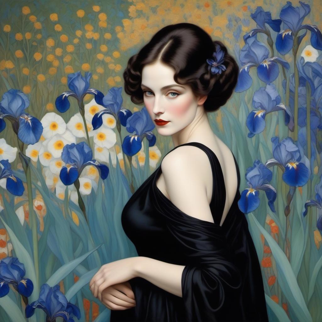  Beautiful of a lady in a black against the backdrop of white and blue irises.Style artist Klimt