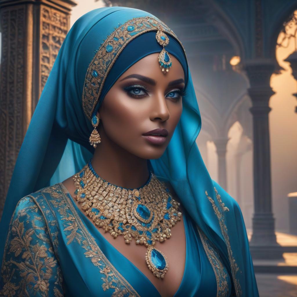  A digital artwork depicting a woman with striking blue eyes, adorned in a decorated hijab with jewelry, set against a palatial backdrop. hyperrealistic, full body, detailed clothing, highly detailed, cinematic lighting, stunningly beautiful, intricate, sharp focus, f/1. 8, 85mm, (centered image composition), (professionally color graded), ((bright soft diffused light)), volumetric fog, trending on instagram, trending on tumblr, HDR 4K, 8K