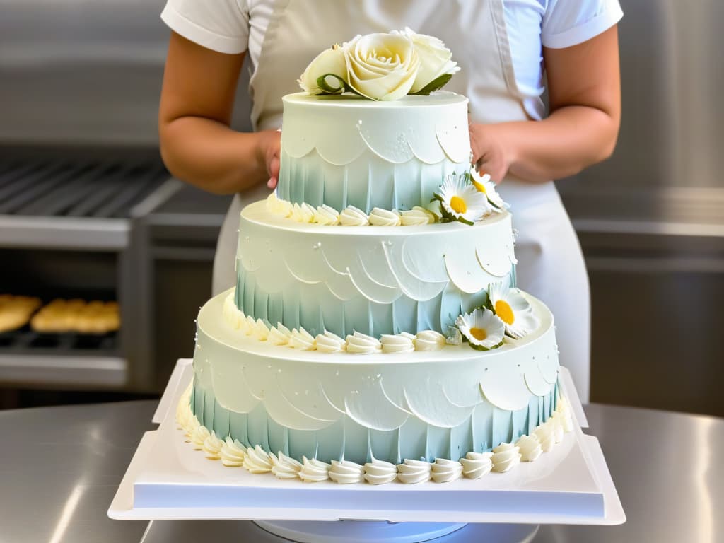  A pristine, highresolution image of a master baker delicately piping intricate designs on a multitiered wedding cake using a finetipped pastry bag. The baker's hands, adorned with flourdusted white apron and precise movements, create a mesmerizing display of artistry and skill against a backdrop of a sleek, modern bakery kitchen. The focus is on the craftsmanship and precision of the baker, capturing the essence of advanced techniques in baking and pastry arts. hyperrealistic, full body, detailed clothing, highly detailed, cinematic lighting, stunningly beautiful, intricate, sharp focus, f/1. 8, 85mm, (centered image composition), (professionally color graded), ((bright soft diffused light)), volumetric fog, trending on instagram, trending on tumblr, HDR 4K, 8K