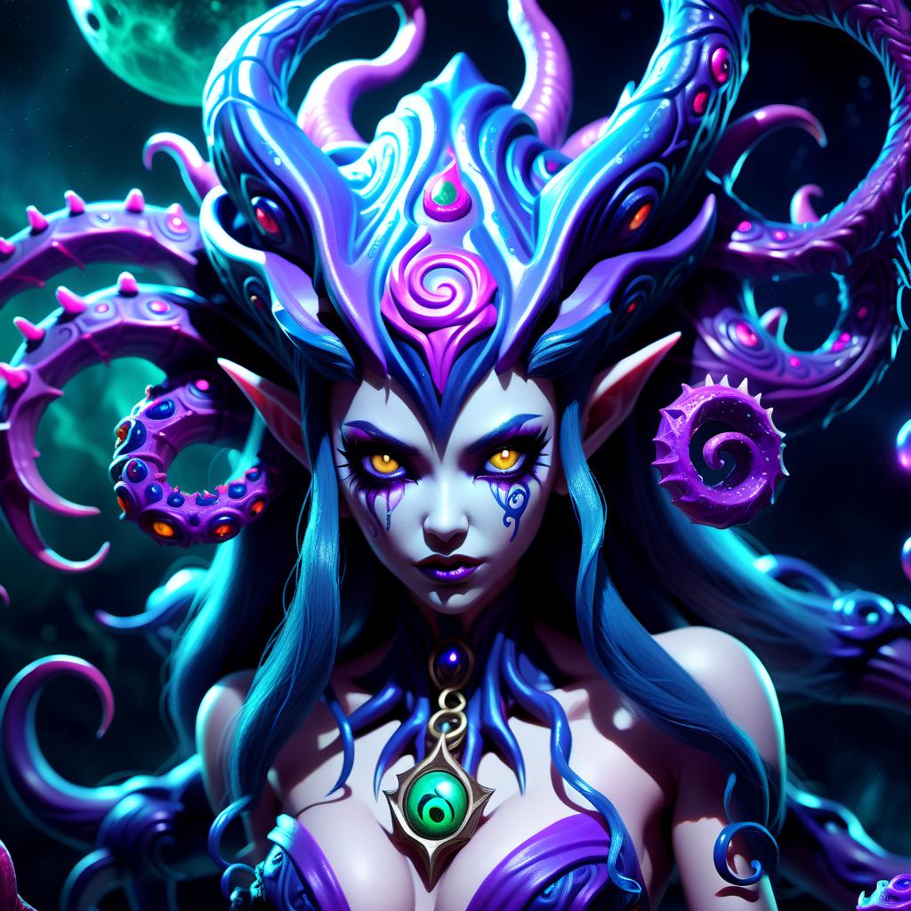  lovecraftian horror Neeko character from League of Legends . eldritch, cosmic horror, unknown, mysterious, surreal, highly detailed