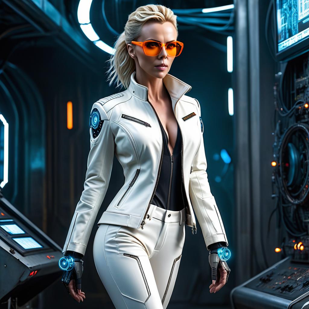  biomechanical cyberpunk A slim girl, Charlize Theron, full body, a white jacket, white trousers, orange shoes, blue glasses, long light hair. . cybernetics, human machine fusion, dystopian, organic meets artificial, dark, intricate, highly detailed hyperrealistic, full body, detailed clothing, highly detailed, cinematic lighting, stunningly beautiful, intricate, sharp focus, f/1. 8, 85mm, (centered image composition), (professionally color graded), ((bright soft diffused light)), volumetric fog, trending on instagram, trending on tumblr, HDR 4K, 8K