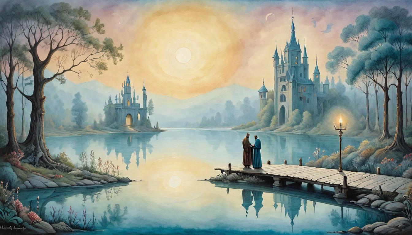  on parchment, surrealism+++, A serene lake reflects the meeting of two mystical figures, bridging worlds with empathy. Serene lake at dawn, two mystical figures meeting, reflection of unity, bridge of worlds through empathy, backdrop of calm waters and emerging light.(mysterious, provocative, symbolic,muted color)+++