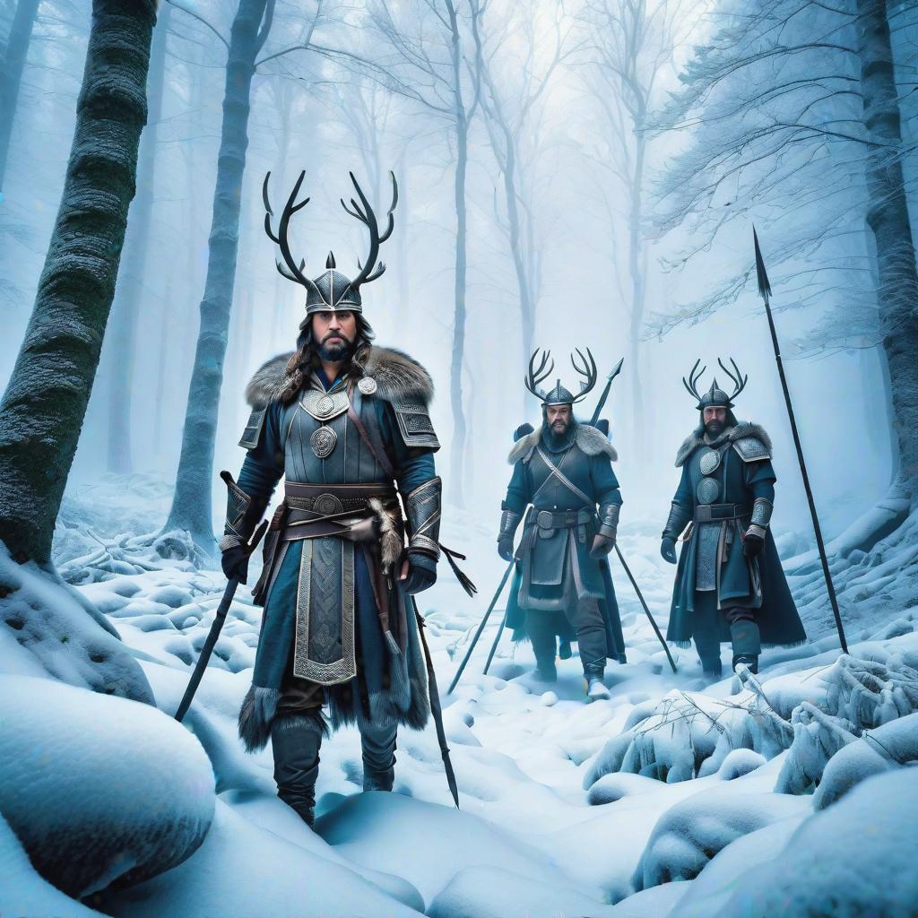  The mysterious forest of ancient frozen warriors in time. hyperrealistic, full body, detailed clothing, highly detailed, cinematic lighting, stunningly beautiful, intricate, sharp focus, f/1. 8, 85mm, (centered image composition), (professionally color graded), ((bright soft diffused light)), volumetric fog, trending on instagram, trending on tumblr, HDR 4K, 8K