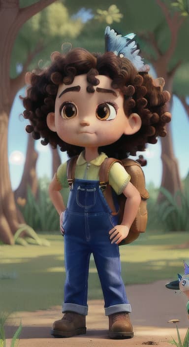  {Riley standing under the tree with eyes closed, making the wish., Riley, a curious with big brown eyes and curly hair, wearing overalls and carrying a small backpack. Their friend, Skye, a bluebird with shiny feathers.