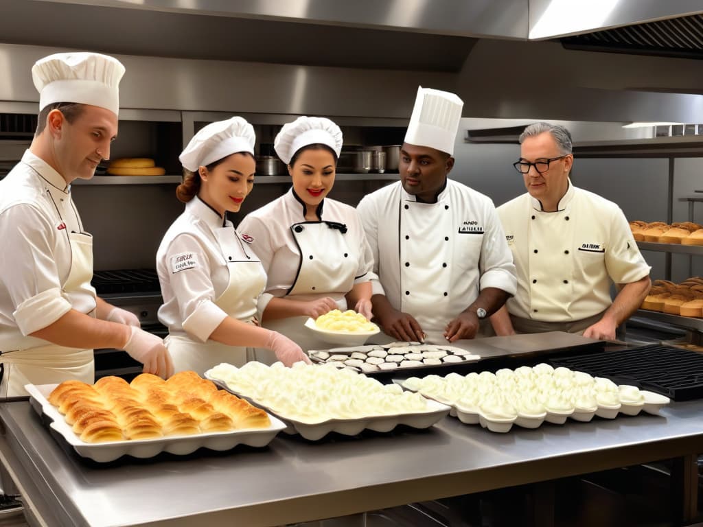  An ultradetailed image of a group of renowned chefs from the WWII era, dressed in traditional chef attire, passionately working together in a bustling kitchen filled with vintage baking equipment and ingredients. The chefs are meticulously crafting intricate pastries and desserts, showcasing a mix of concentration, creativity, and determination on their faces. The scene exudes a sense of camaraderie, expertise, and innovation, capturing the essence of how these culinary experts played a pivotal role in revolutionizing wartime pastrymaking. hyperrealistic, full body, detailed clothing, highly detailed, cinematic lighting, stunningly beautiful, intricate, sharp focus, f/1. 8, 85mm, (centered image composition), (professionally color graded), ((bright soft diffused light)), volumetric fog, trending on instagram, trending on tumblr, HDR 4K, 8K