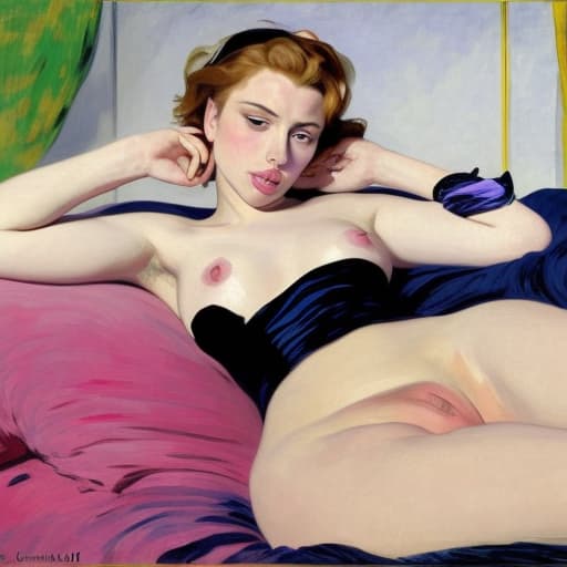  Reclining Scarlett Johansson (naked)(with pink cheeks)(painted in the style of Édouard Manet)