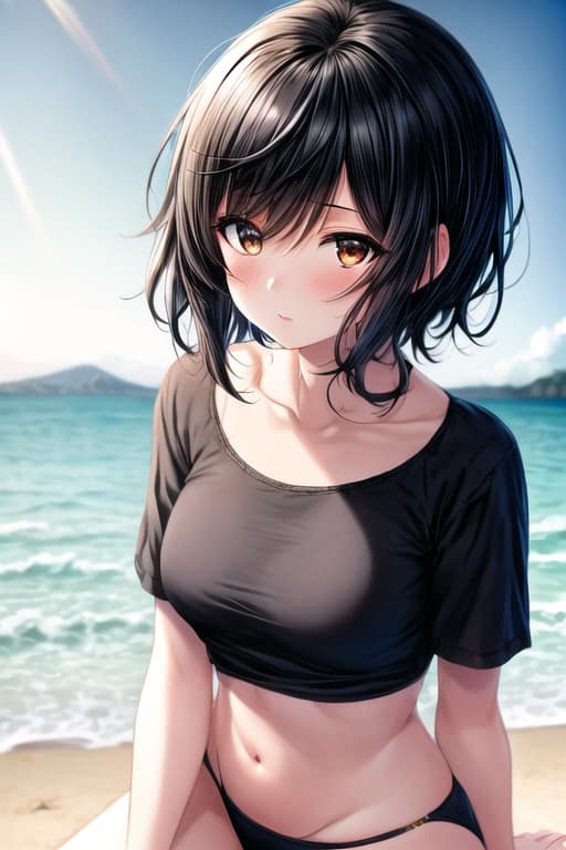  cute anime girl on beach,short black hair,brown eyes,tight t-string,girl, masterpiece, best quality, extremely detailed background, illustration, beautiful detailed, dramatic light, gorgeous eyes, solo