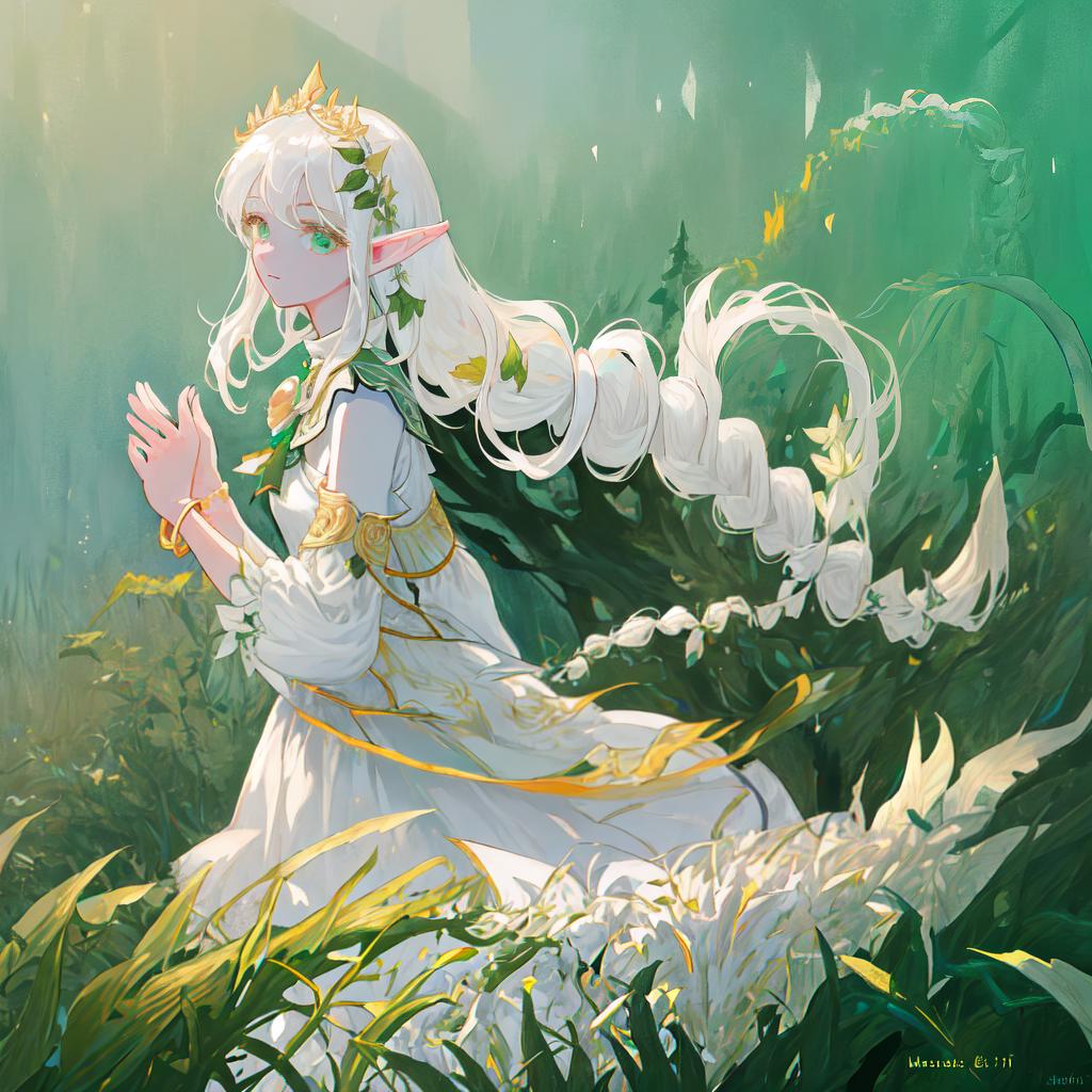  Masterpiece, Best quality, High quality, High level, Ultra detailed, Realism, 1 sweet girl, Bigger,side braid, long hair,white hair, leaf hair accessory, elf, green eyes, pale skin, bare shoulders, jewelry, white dress,separated sleeves, bracelet,look away,hair floating, from the side,in forest,lens flare from right