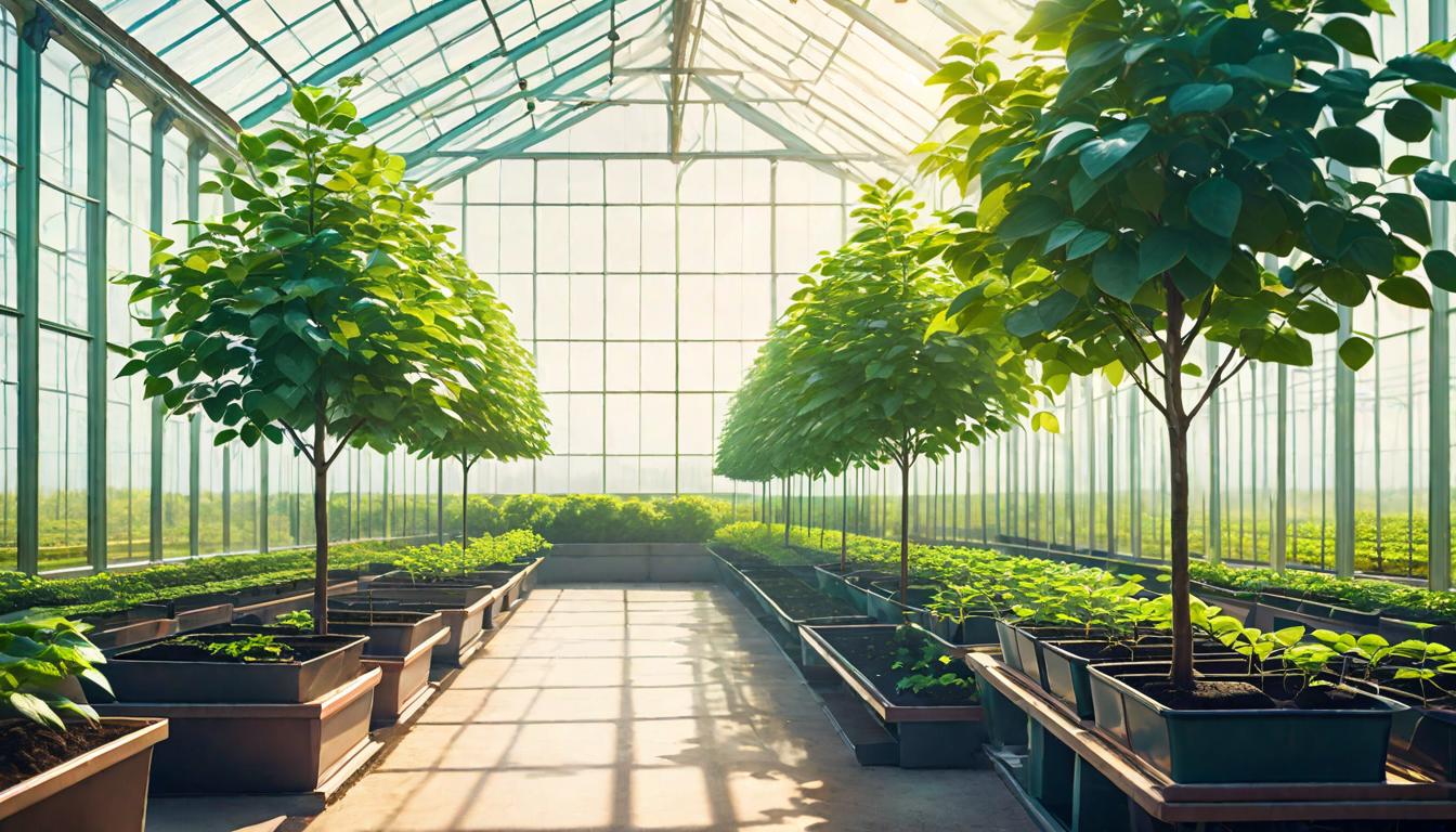  retro futuristic Young tree saplings growing in a protected greenhouse, nurtured but not confined, clear panels letting in sunlight, symbolizing encouragement of personal growth while providing support, a backdrop of flourishing greenery suggesting vibrant potential lvintage sci fi, 50s and 60s style, atomic age, vibrant, highly detailed