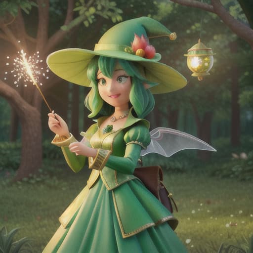  "Generate a lively and imaginative image reflecting a scene from a fairytale. An endearing green fairy, dressed in sparkling emerald attire, with small luminescent wings, is casting a magical spectacle of fireworks that glisten like stars. Set against the canopy of a dense forest with shimmering fireflies, the scene also captures a typical fantasy-like dragon and a monkey with a green hat, both awestruck by the magical display. Some glowing apples hang from a nearby apple tree, serving as a refreshment for the enchanting midnight feast. The fireworks reflect on their excited faces, as their silhouettes lay on the grassy meadow, signaling the end of an adventurous day. Incorporate an art style that is rich in color, stimulates imagination, a hyperrealistic, full body, detailed clothing, highly detailed, cinematic lighting, stunningly beautiful, intricate, sharp focus, f/1. 8, 85mm, (centered image composition), (professionally color graded), ((bright soft diffused light)), volumetric fog, trending on instagram, trending on tumblr, HDR 4K, 8K