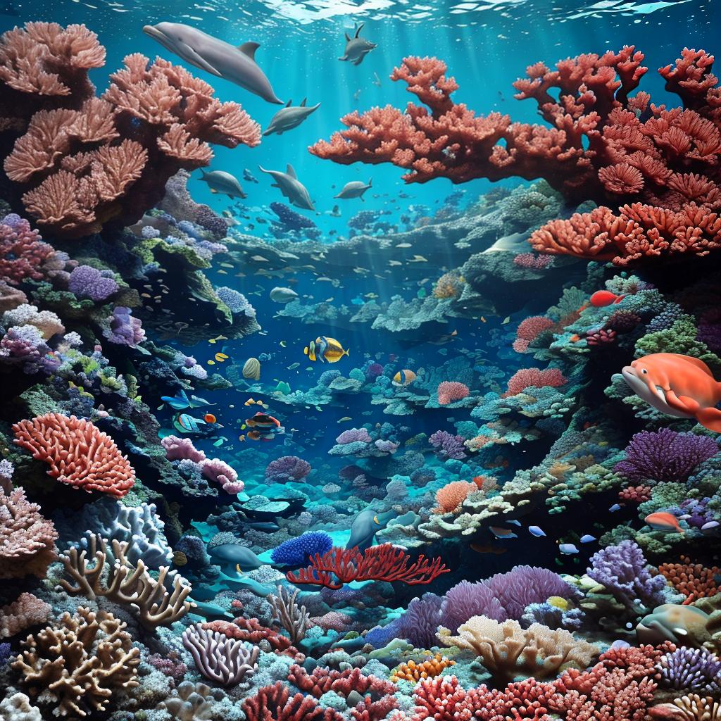  masterpiece, best quality, beautiful deep sea full of corals, diverse marine life and fascinating underwater landscapes with corals, appendages, small fish, anemones, dolphins, various algae, caves, colorful, 8k resolution and intricate detail