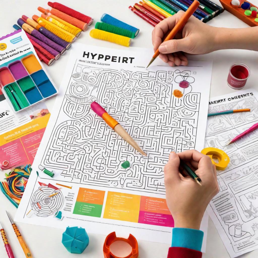  Design a colorful and engaging printable activity sheet for kids under the theme of crafting. Include elements like coloring sections with craft supplies, a maze leading to a finished craft project, a spot-the-difference challenge featuring craft tools, and a word search with crafting-related terms. Make it fun and educational for young craft enthusiasts. hyperrealistic, full body, detailed clothing, highly detailed, cinematic lighting, stunningly beautiful, intricate, sharp focus, f/1. 8, 85mm, (centered image composition), (professionally color graded), ((bright soft diffused light)), volumetric fog, trending on instagram, trending on tumblr, HDR 4K, 8K