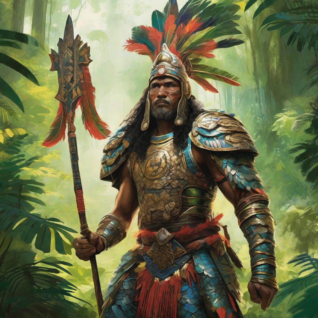  masterpiece, best quality, A fierce Miq Mak warrior standing tall with a spear in hand, adorned in vibrant tribal armor, against a backdrop of lush green jungle. The atmosphere is intense and primal, with rays of sunlight piercing through the dense foliage. The style is a combination of hand-drawn and painted, capturing intricate details of the warrior's facial expressions and armor. The realization can be achieved through digital painting techniques, using a tablet and software like Photoshop or Procreate, allowing for precise brush strokes and color blending.