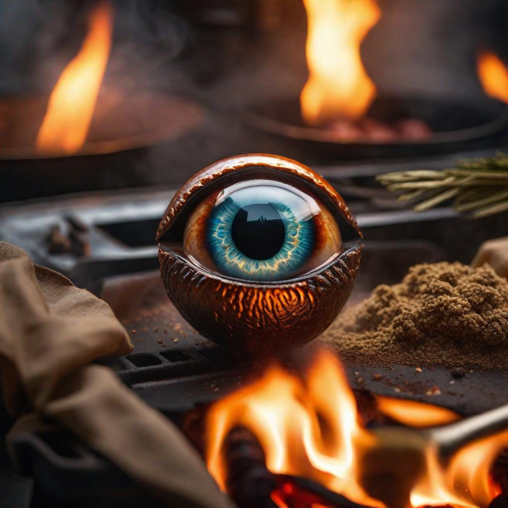  an eyeball cooking with big fire vision hyperrealistic, full body, detailed clothing, highly detailed, cinematic lighting, stunningly beautiful, intricate, sharp focus, f/1. 8, 85mm, (centered image composition), (professionally color graded), ((bright soft diffused light)), volumetric fog, trending on instagram, trending on tumblr, HDR 4K, 8K