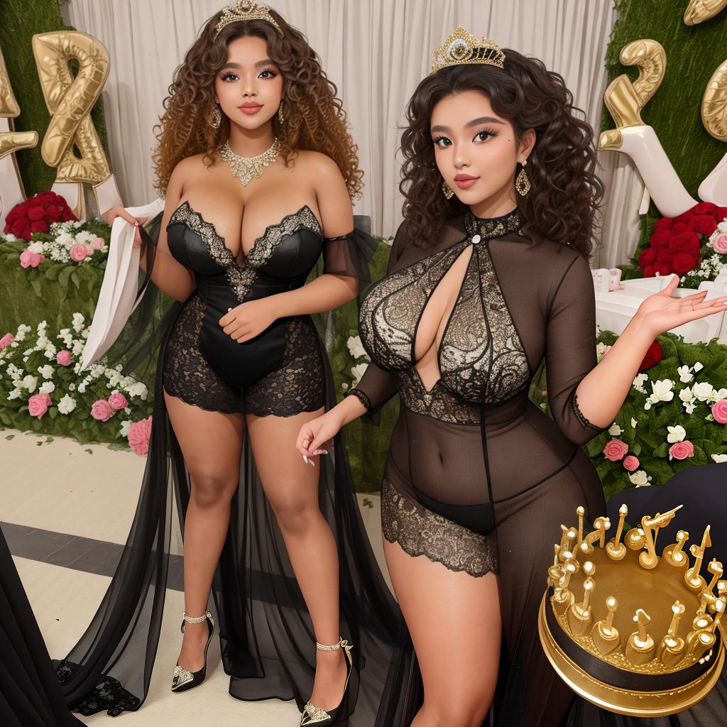  masterpiece, best quality,Curvy girl with a met gala elegant birthday outfit and curly hair and tanned skin,