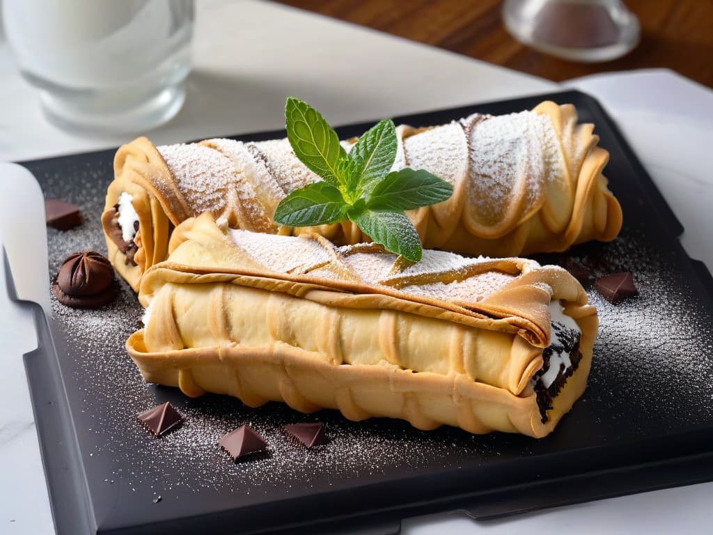  A closeup, ultradetailed image of a modern twist on a traditional Sicilian cannoli, featuring a perfectly golden, flaky shell filled with a creamy ricotta mixture infused with hints of espresso and dark chocolate shavings. The cannoli is delicately dusted with powdered sugar and garnished with fresh mint leaves, all set on a sleek, matte black plate against a clean, white background to emphasize the elegance and sophistication of this updated classic dessert. hyperrealistic, full body, detailed clothing, highly detailed, cinematic lighting, stunningly beautiful, intricate, sharp focus, f/1. 8, 85mm, (centered image composition), (professionally color graded), ((bright soft diffused light)), volumetric fog, trending on instagram, trending on tumblr, HDR 4K, 8K