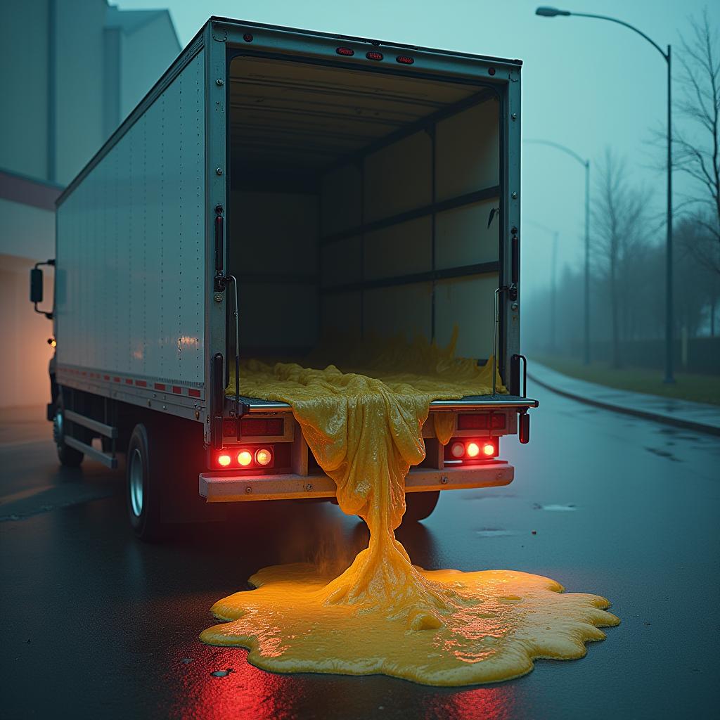  chemicals leaking from the rear door of a delivery truck hyperrealistic, full body, detailed clothing, highly detailed, cinematic lighting, stunningly beautiful, intricate, sharp focus, f/1. 8, 85mm, (centered image composition), (professionally color graded), ((bright soft diffused light)), volumetric fog, trending on instagram, trending on tumblr, HDR 4K, 8K