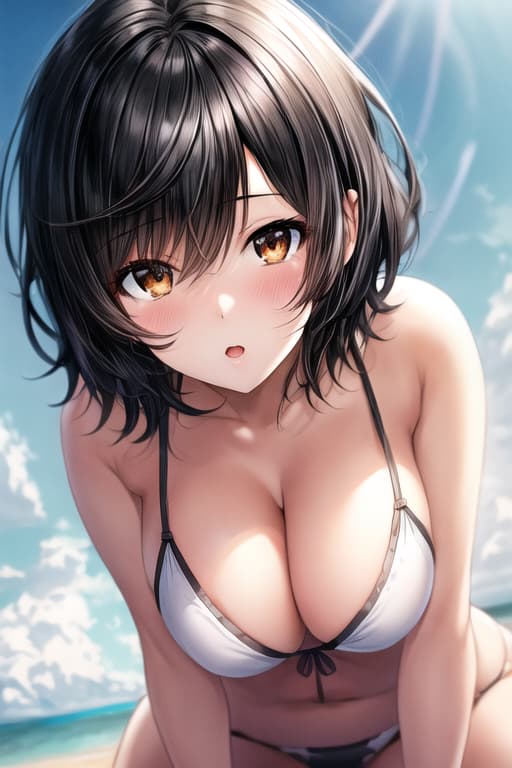  cute anime girl on beach,short black hair,brown eyes,t-string,girl, masterpiece, best quality, extremely detailed background, illustration, beautiful detailed, dramatic light, gorgeous eyes, solo