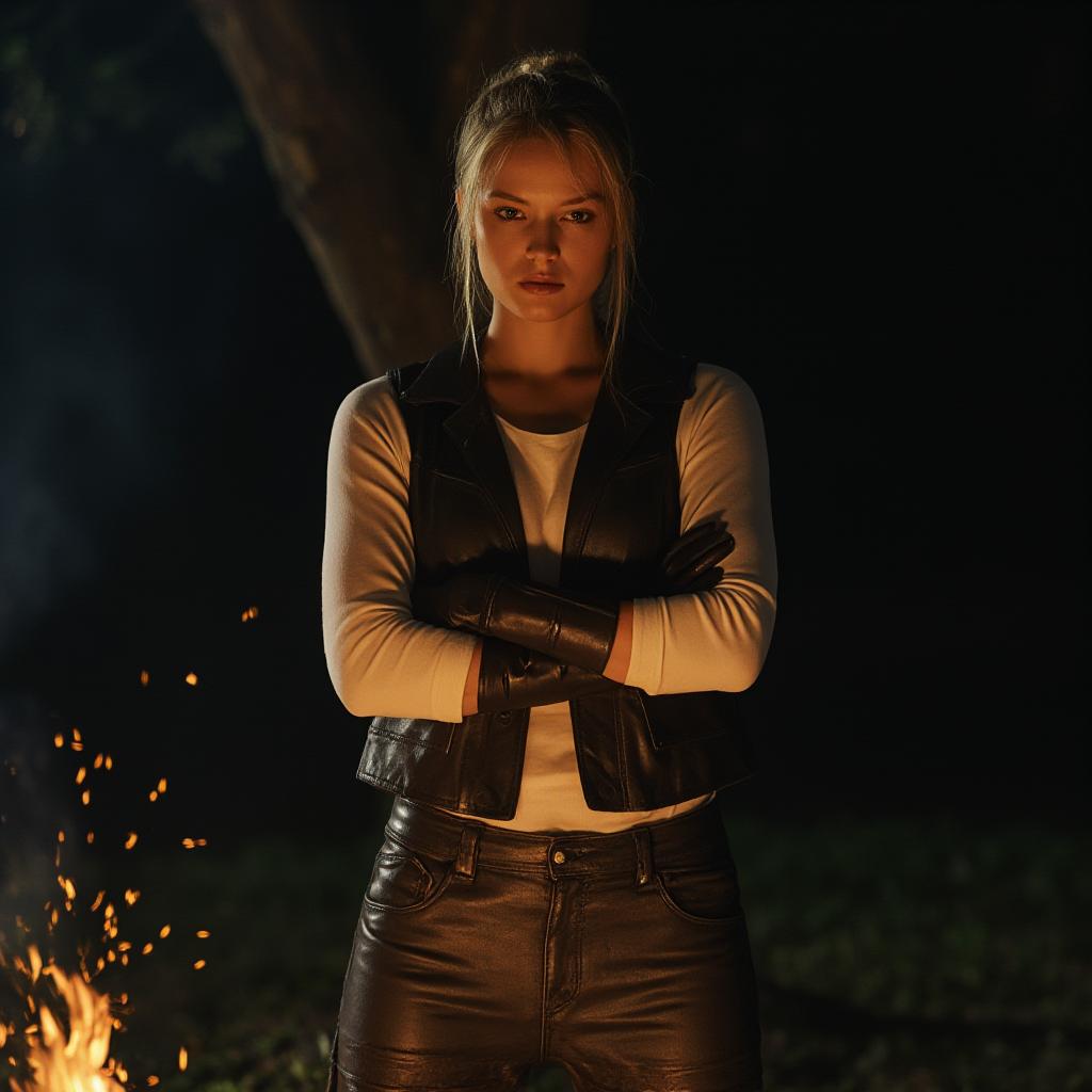  detail, photo, cinscene, dreamwalking a short, thin, athletic, woman with white hair in a ponytail, tan skin, grey eyes, white long sleeve clothes. over the white clothes is a leather vest, leather vambraces, and leather gloves. it is night time. she is standing with her back against a tree, arms crossed in front of her. her face is illuminated by a bonfire. embers blow in the wind. she stares at the ground. she looks angry. gritty vibes. high fantasy