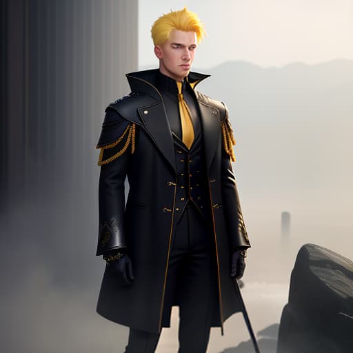  On the image, there is one young man. He is standing in his entirety. He has yellow hair. He has blue eyes. On him, there is a black long coat with yellow inserts. hyperrealistic, full body, detailed clothing, highly detailed, cinematic lighting, stunningly beautiful, intricate, sharp focus, f/1. 8, 85mm, (centered image composition), (professionally color graded), ((bright soft diffused light)), volumetric fog, trending on instagram, trending on tumblr, HDR 4K, 8K