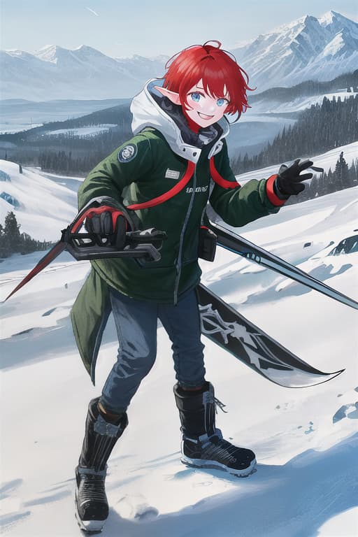  Elf, smiling, red hair, short hair, ski wear, boots, and stock with both hands, sliding on the snowy mountains, midday,