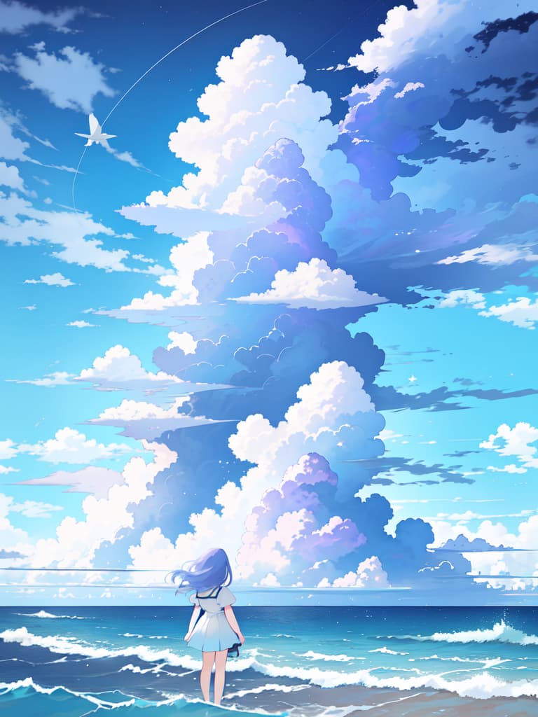  BIG SKY, Cumulonimbus, Back View, Sea, Wind blows, fantastical, blue purple, girl in the back, masterpiece, best quality,8k,ultra detailed,high resolution,an extremely delicate and beautiful,hyper detail