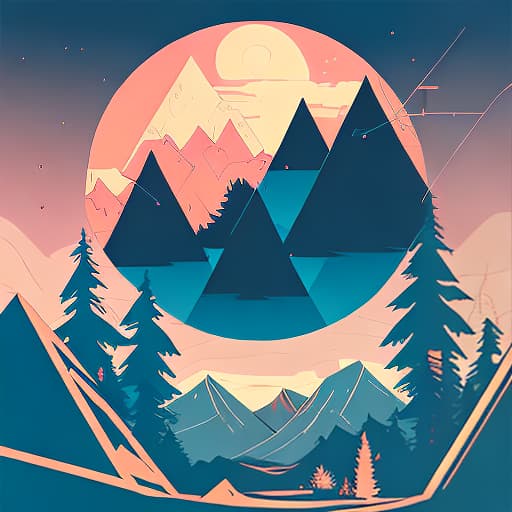 nvinkpunk Whimsical mountains with trees, camping tent and fire