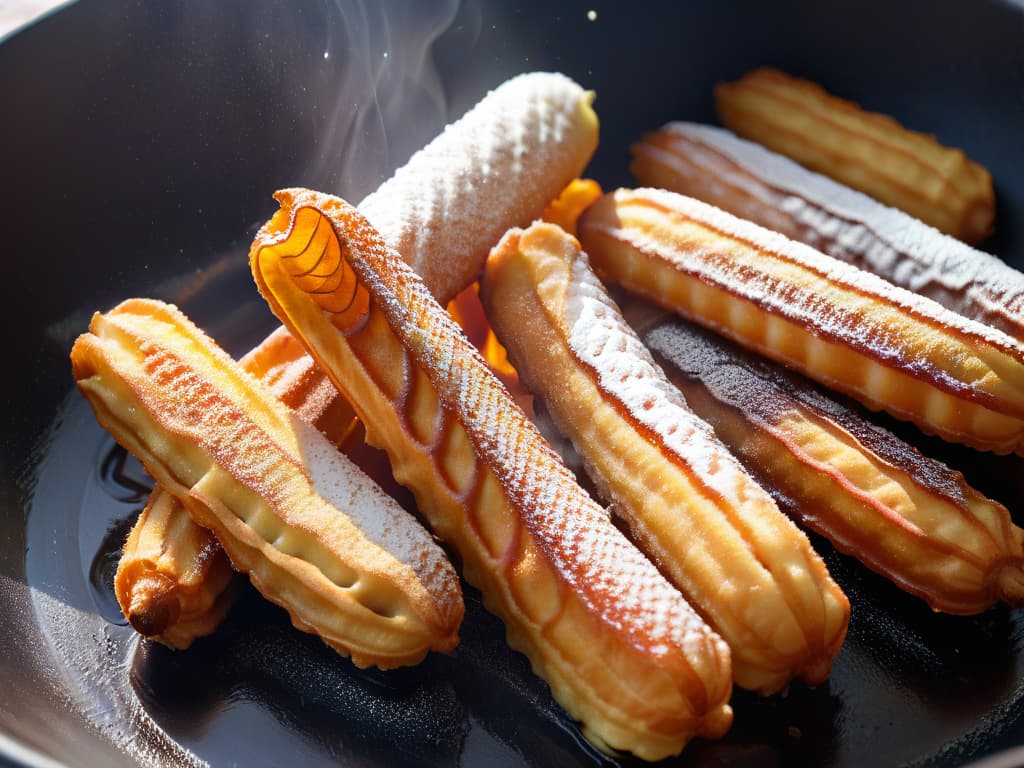  An ultradetailed closeup image of goldenbrown churros being fried in bubbling oil, showcasing the crispy exterior and soft interior texture. The churros are perfectly shaped, with ridges running along their length, capturing the moment just before they are lifted out of the oil. The bubbles on the surface of the oil glisten in the light, emphasizing the sizzling sound and the transformative process of frying. The contrast between the dark, rich color of the churros and the clear, shimmering oil creates a visually striking and appetizing scene, perfectly illustrating the art of achieving crunchy perfection in pastry frying. hyperrealistic, full body, detailed clothing, highly detailed, cinematic lighting, stunningly beautiful, intricate, sharp focus, f/1. 8, 85mm, (centered image composition), (professionally color graded), ((bright soft diffused light)), volumetric fog, trending on instagram, trending on tumblr, HDR 4K, 8K