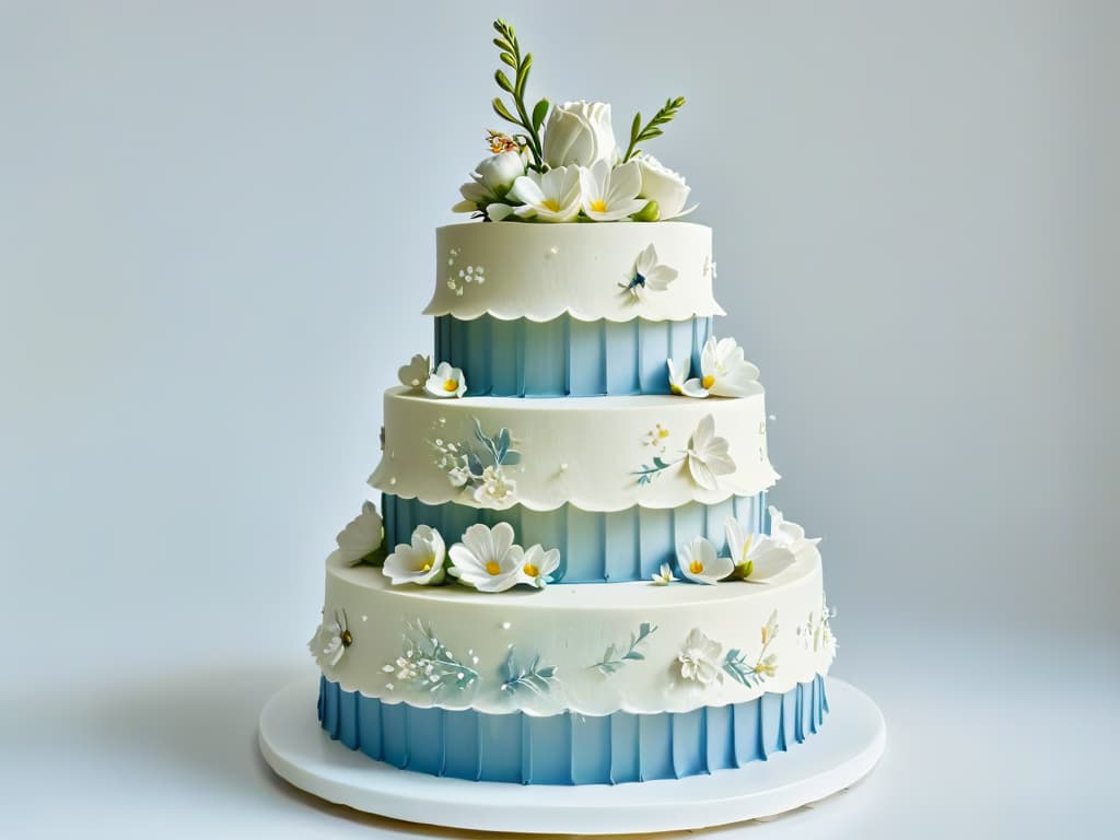  A closeup, ultradetailed image of a perfectly glazed and meticulously decorated threetiered wedding cake, showcasing intricate sugar flowers and delicate piping work in pastel hues, set against a stark white backdrop to emphasize the craftsmanship and artistry involved in creating such a masterpiece. hyperrealistic, full body, detailed clothing, highly detailed, cinematic lighting, stunningly beautiful, intricate, sharp focus, f/1. 8, 85mm, (centered image composition), (professionally color graded), ((bright soft diffused light)), volumetric fog, trending on instagram, trending on tumblr, HDR 4K, 8K