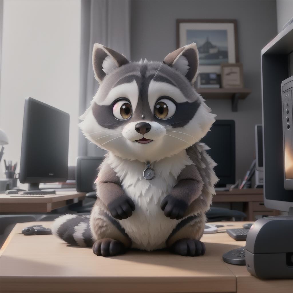  raccoon sitting in gaming chair front a computer on desktop, ((semi anthropomorphic)),(full body), tail, belly, sitting, fat, (chubby), (((white background))), solo, desktop, gaming chair, side view,  [[[clothes]]] hyperrealistic, full body, detailed clothing, highly detailed, cinematic lighting, stunningly beautiful, intricate, sharp focus, f/1. 8, 85mm, (centered image composition), (professionally color graded), ((bright soft diffused light)), volumetric fog, trending on instagram, trending on tumblr, HDR 4K, 8K