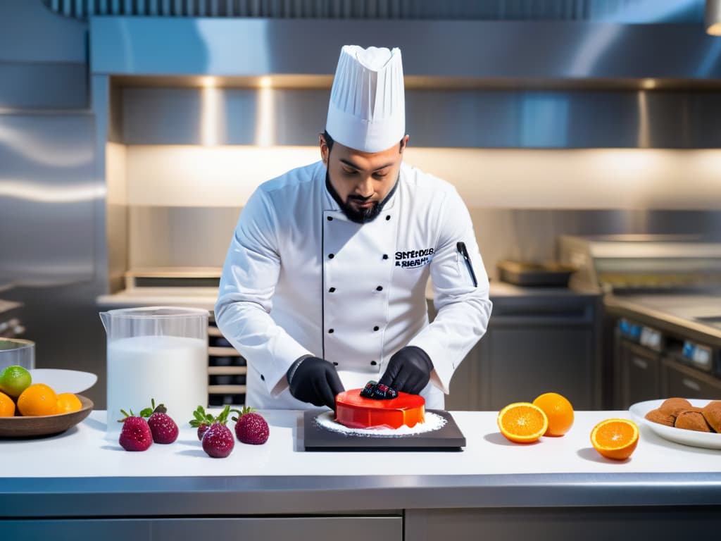  An 8k ultradetailed image of a professional pastry chef delicately creating a vibrant and decadent sorbet using liquid nitrogen in a sleek, modern kitchen. The chef is focused and precise, wearing a crisp white chef's jacket with a tall toque, surrounded by an array of fresh fruits and premium ingredients. The stainless steel countertops gleam under the bright studio lights, emphasizing the meticulous process of infusing the dessert with a touch of magic. The minimalist aesthetic highlights the elegance and sophistication of using liquid nitrogen in pastrymaking, capturing the essence of culinary artistry and innovation. hyperrealistic, full body, detailed clothing, highly detailed, cinematic lighting, stunningly beautiful, intricate, sharp focus, f/1. 8, 85mm, (centered image composition), (professionally color graded), ((bright soft diffused light)), volumetric fog, trending on instagram, trending on tumblr, HDR 4K, 8K