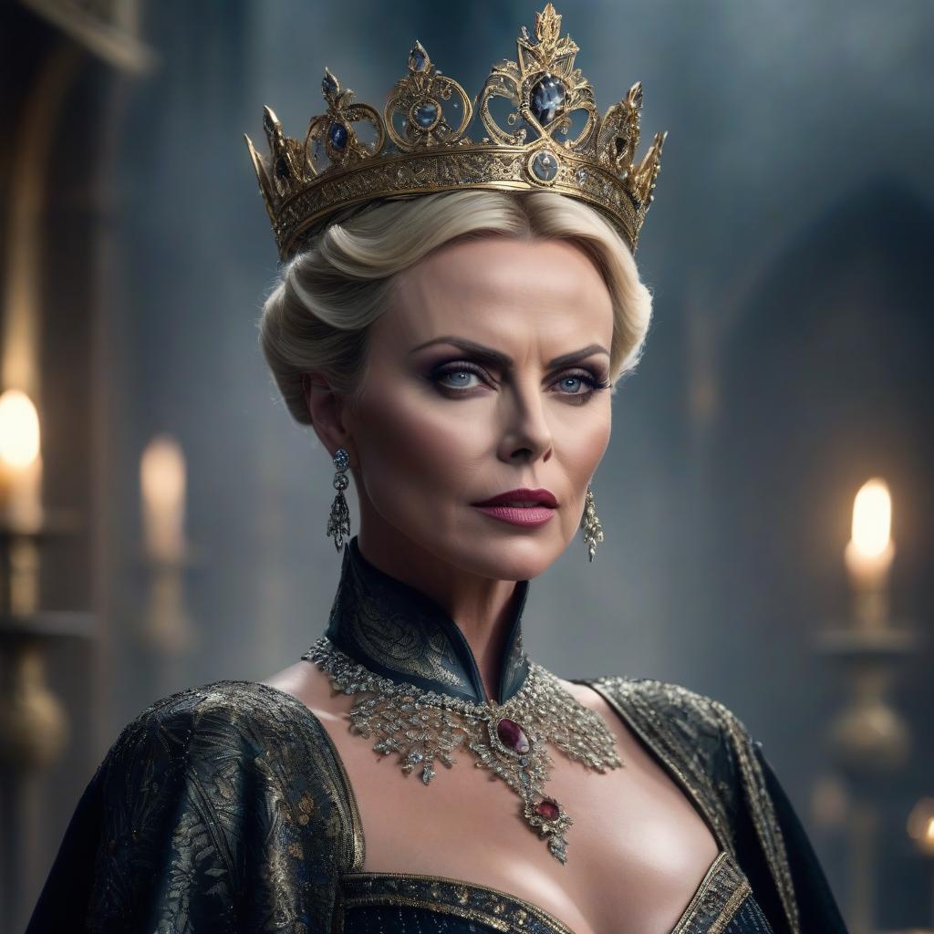  The Evil Queen. Charlize Theron. hyperrealistic, full body, detailed clothing, highly detailed, cinematic lighting, stunningly beautiful, intricate, sharp focus, f/1. 8, 85mm, (centered image composition), (professionally color graded), ((bright soft diffused light)), volumetric fog, trending on instagram, trending on tumblr, HDR 4K, 8K