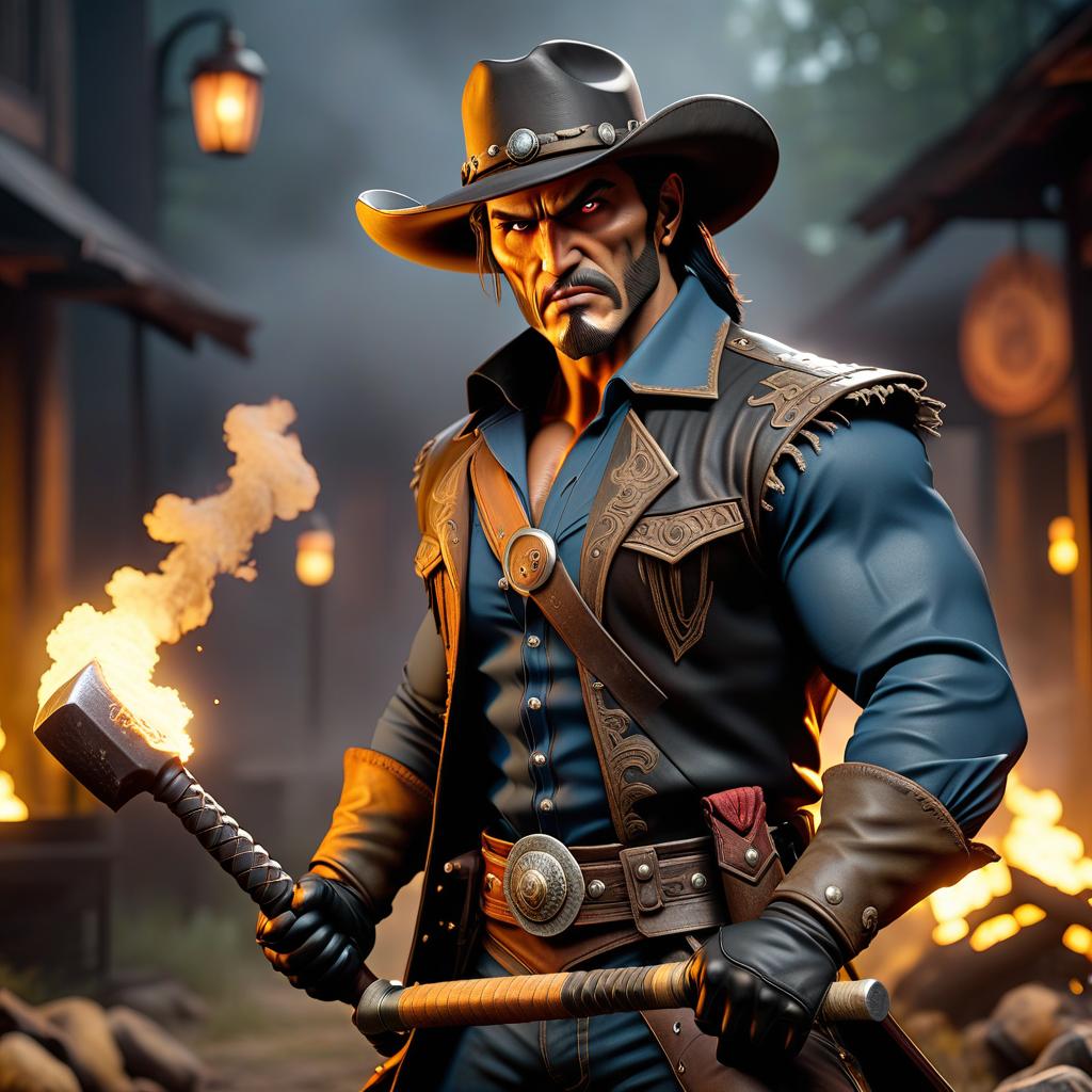  horror themed Mortal combat game style {strongest Cowboy with big two handed hammer, westernpunk, stunning, smoke, splashes of fire, extremely detailed, 8k, intricate details.} . eerie, unsettling, dark, spooky, suspenseful, grim, highly detailed hyperrealistic, full body, detailed clothing, highly detailed, cinematic lighting, stunningly beautiful, intricate, sharp focus, f/1. 8, 85mm, (centered image composition), (professionally color graded), ((bright soft diffused light)), volumetric fog, trending on instagram, trending on tumblr, HDR 4K, 8K