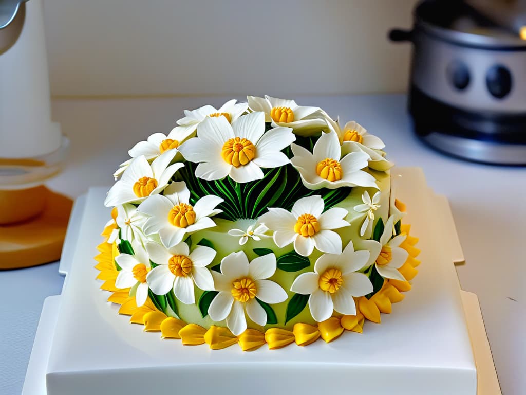  A closeup, ultradetailed image of a delicate, intricate sugar flower being meticulously crafted by a pair of skilled hands in a modern, sleek kitchen setting. The vibrant colors of the petals and the fine details of the delicate sugar work are highlighted against a clean, crisp background, showcasing the artistry and precision of augmented realityenhanced pastry making. hyperrealistic, full body, detailed clothing, highly detailed, cinematic lighting, stunningly beautiful, intricate, sharp focus, f/1. 8, 85mm, (centered image composition), (professionally color graded), ((bright soft diffused light)), volumetric fog, trending on instagram, trending on tumblr, HDR 4K, 8K