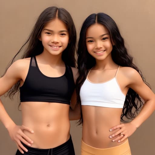  Realistic young s posing with their   open, , female , ual pose,tight athletic  bodies, tan golden skin, young  s, prepubescent bodies fully , cute smiles,  ren s , 12yeas,  s, long black wavy hair,